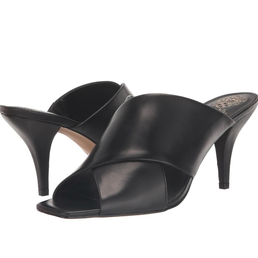 Vince Camuto Black Heels Sleek Leather Mules